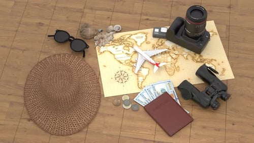 Travel Essentials Animated Flat Lay with World Map