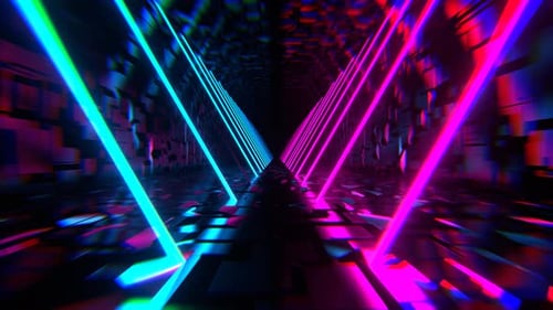Endloser Science-Fiction-Korridor in Cyan und Rosa mit langen Neonlampen im Hintergrund, VJ Loop in 4K