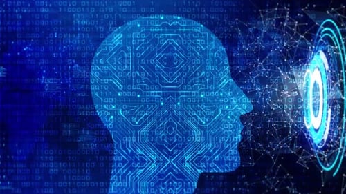 Digital Brain Circuit Board with Binary Code and Network Connections