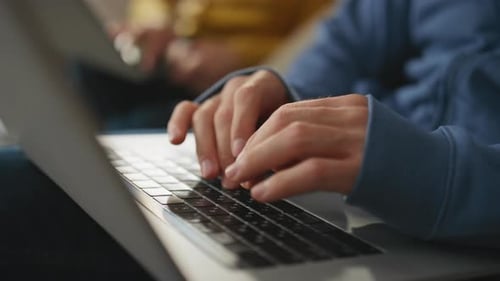Freelancer Hands Typing Keyboard Holding Laptop Closeup Unknown Man Working