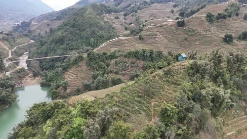 Aerial view of rice terraces in a valley, Vietnam.