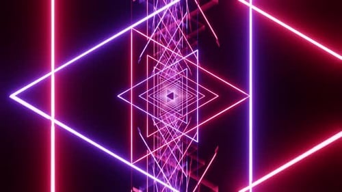 Triangles Red With Purple Vj Loop Background Neon Tunnel With Reflected Floor