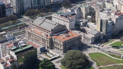 Aerial view of historic Colon Theater opera house in Buenos Aires, Argentina