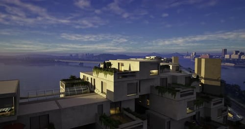 Arquitectura moderna con vistas al río en el crepúsculo en un entorno urbano