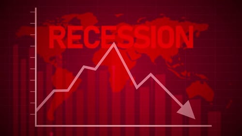 Weltwirtschaftliche Rezession, Wirtschaftskrise, Grafik mit rotem Abwärtspfeil, Inflationsanimation 4k