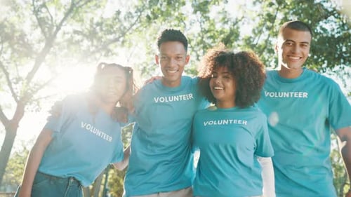 Friends, volunteer and group of people in park for charity event, community service or teamwork