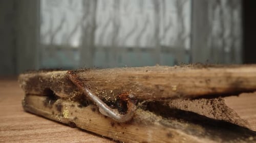 An old wooden clothespin. Mold and cobwebs with fungus. Dolly slider, extreme close-up.