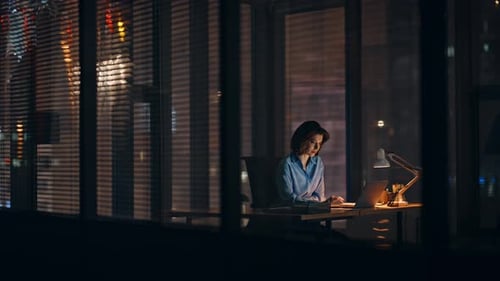 Startuper Analyzing Online Project at Night Office Hardworking Businesswoman