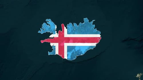 Satellite Map Zoom to Iceland with Flag Fill Reveal