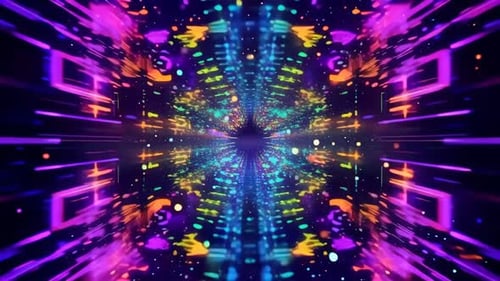 Animación abstracta de hipertúnel de neón con partículas brillantes