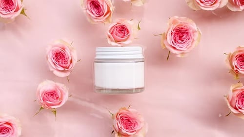 Glass Cosmetic Bottle and Pink Rose Flowers Slow Motion of Waves Water Clear Water with Reflections