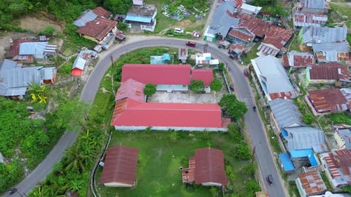Aerial view of the city, houses and roads. View from above.