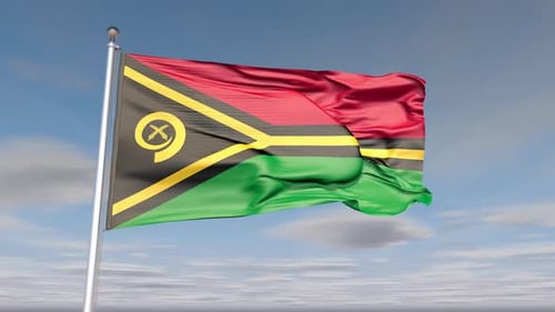 Vanuatu Flag Waving In The Wind Against A Blue Sky