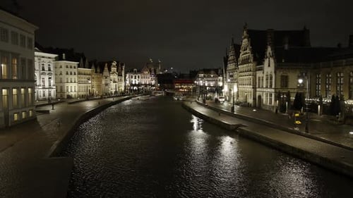 Empty historical city center in Ghent during the coronavirus (COVID-19) pandemic. Evening view over