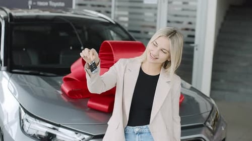 Exciting car reveal in a sleek showroom with a happy owner showcasing new keys