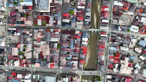 Aerial view of buildings and river, Japan.