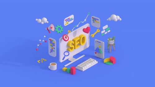 SEO optimization marketing isometric design. Minimal cartoon style 3D render animation