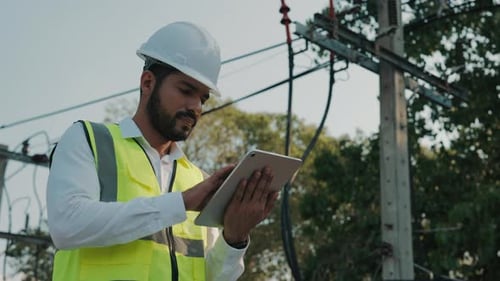 Portrait of Inspector Observing Power Transmission Lines Holding Tablet in Park