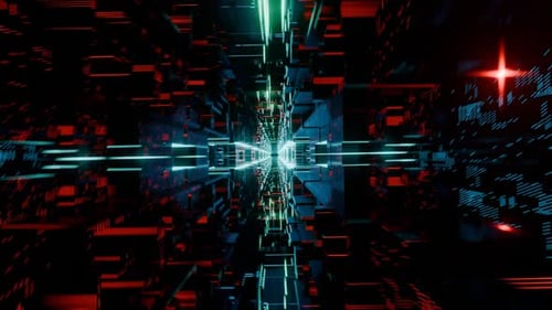 Futuristic 3d render, vj loop, technology tunnel with lights reflections metal