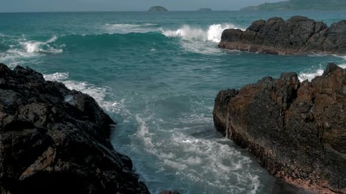 Slow Motion Shot of Big Sea Waves Crashing Against the Rocks Waves Crashing and Hitting on the Rocks