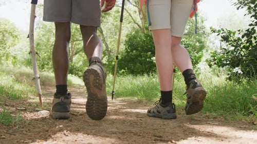 Low section of diverse couple hiking with backpacks in park, slow motion