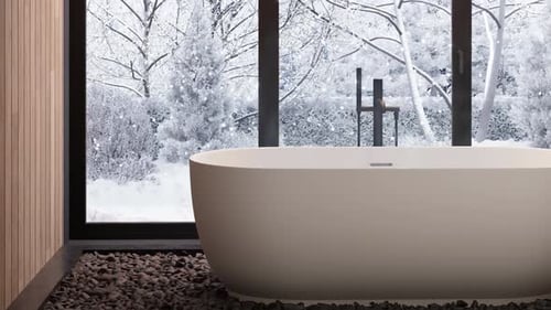 Modern Bathroom Bathtub with Snowy Window View and Gently Falling Snow