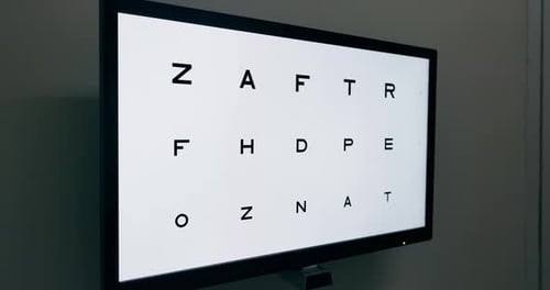 Optometrist, test and vision of letters in eye exam with screen on wall for assessment in office