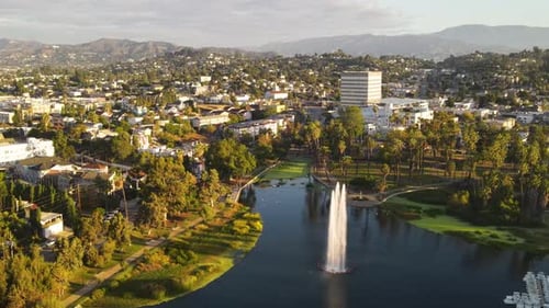 Aerial shot of Echo Park Lake in Los Angeles