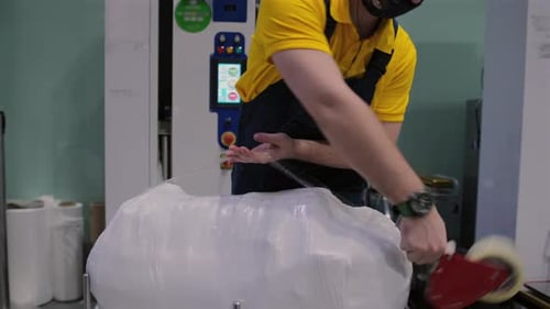 The backpack is packed in a plastic sheet and tape