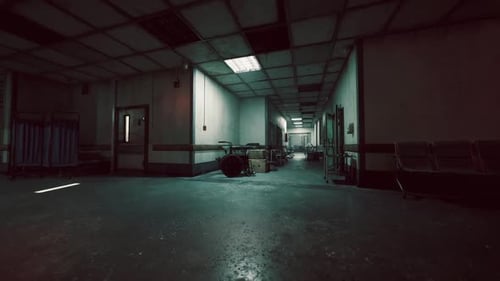 Exploring an Abandoned Hospital Corridor with Medical Equipment Scattered