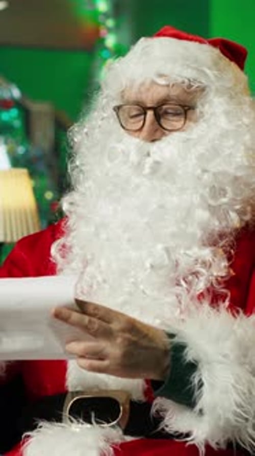 Santa Claus reading a list indoors