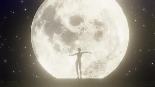 Graceful Silhouette Dancing Before a Bright Full Moon at Night