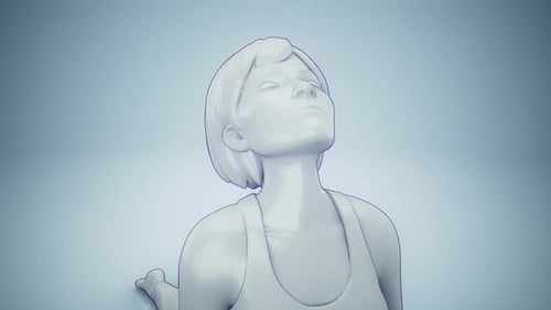 Animación 3D conceptual de una mujer practicando yoga urdhva mukha svanasana