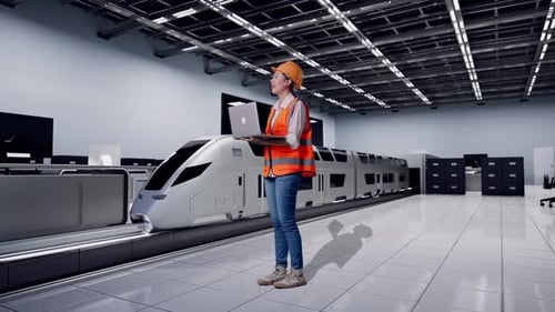 Full Body Side View Of Asian Female Engineer Working On A Laptop With Train in Lab