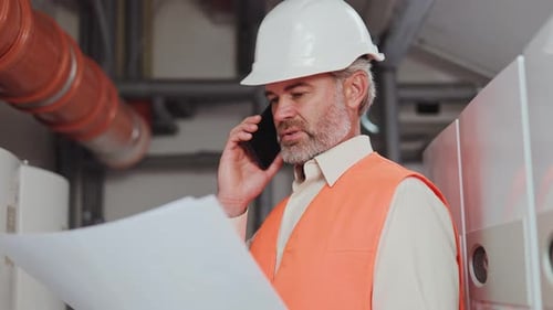 Adult Electrician Talking on Phone and Holding Project in Industrial Room
