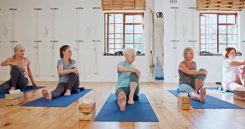 Fitness, yoga and senior women in class for wellness, healthy body and stretching on floor