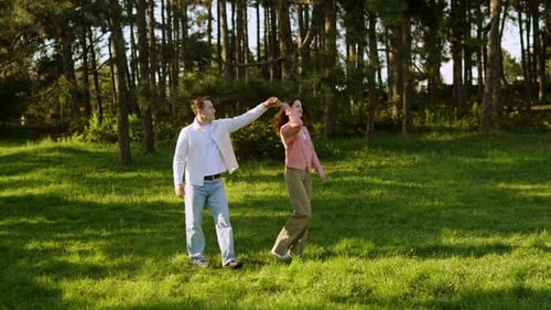Couple Walks Hand in Hand Through Tranquil Forest During Golden Hour