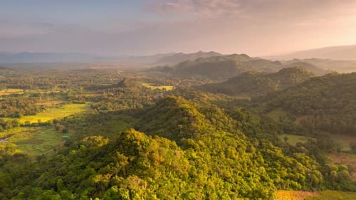 Aerial view Beautiful morning scenery, golden light, sunrise, high mountains,