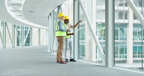 Teamwork, Planung, Architekt und Männer mit Bauplan, Design und Point-at-Building