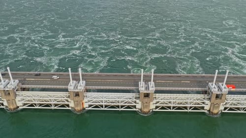 Aerial view of Oosterscheldekering storm surge barrier, Zeeland, Netherlands