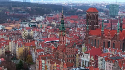 Aerial view of Gdansk Old Town featuring St. Mary's Church and Main Town Hall