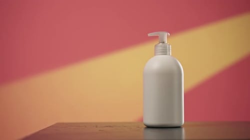 Close Up Studio Pink Background with Yellow Beam on Table There is White Lotion Stand with Dispenser