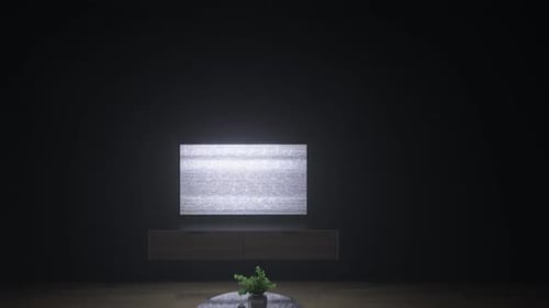 TV on with interference in the dark in front of the sofa. 3D render