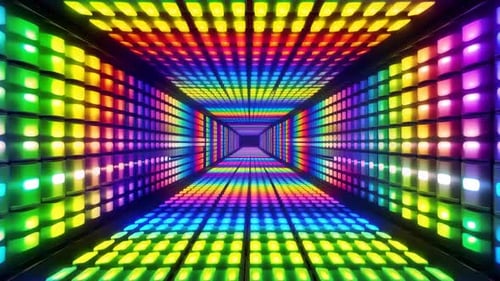 Lebendige Regenbogen-LED-Disco-Tunnel-Animation mit pulsierendem Ne