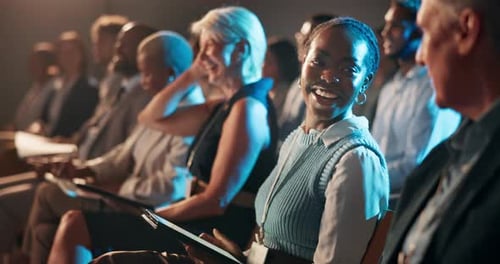 Conference, business people and discussion with audience, tablet or investment summit