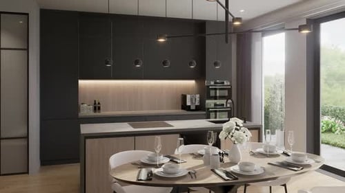Kitchen-dining room, room in a modern minimalist style. Open space. 3D rendering.