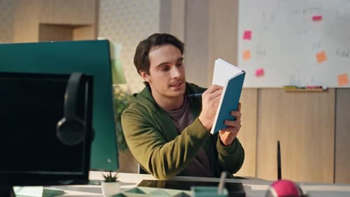 Creative Businessman Explaining Computer Videocall Office Coach Leading Webinar