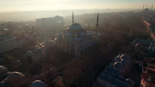 Close Aerial View of Historic Mosque at Sunrise in Istanbul