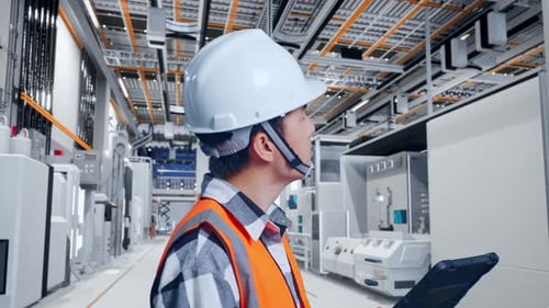 Side View Of Asian Male Engineer Looking At The Tablet In His Hand At Factory Digitalization