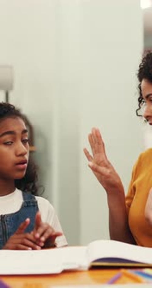 Girl, teacher and student with mathematics in library for education, counting or number lesson